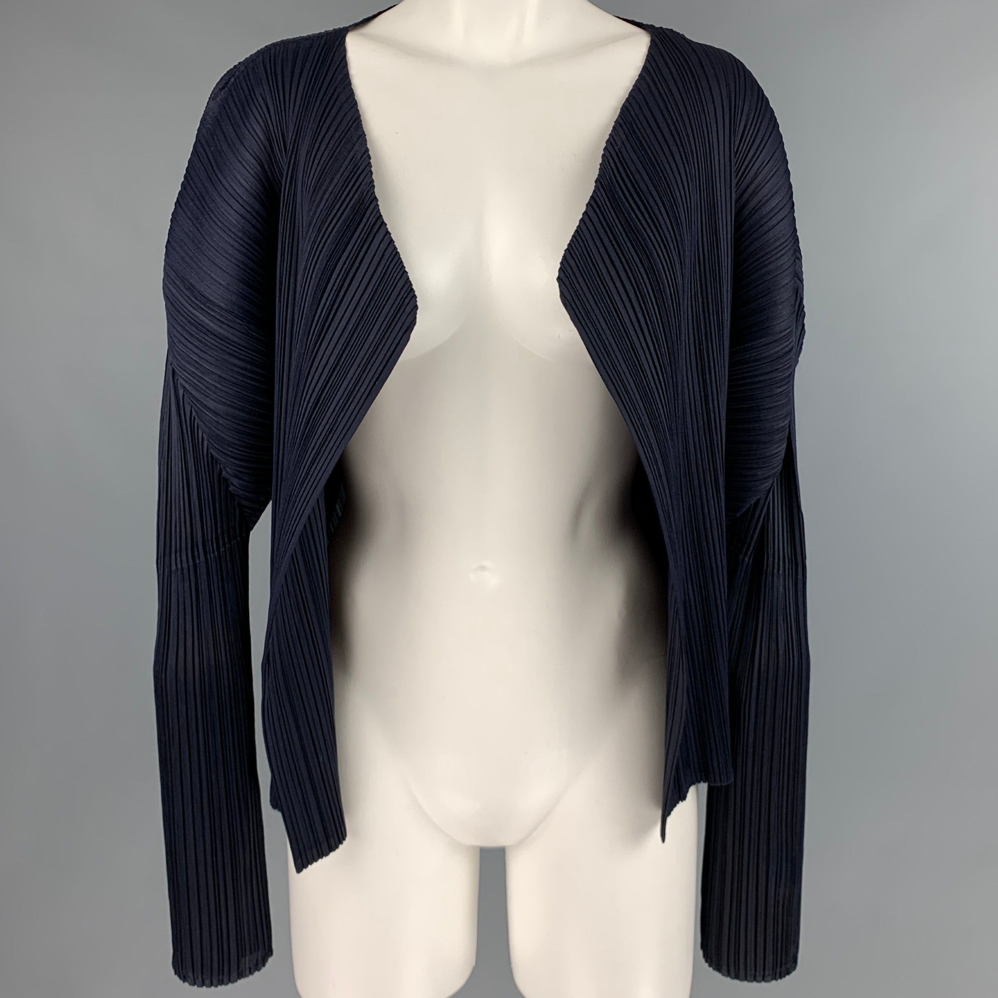 image of Issey Miyake Navy Pleated Open Front Cardigan Womens (Size Medium)