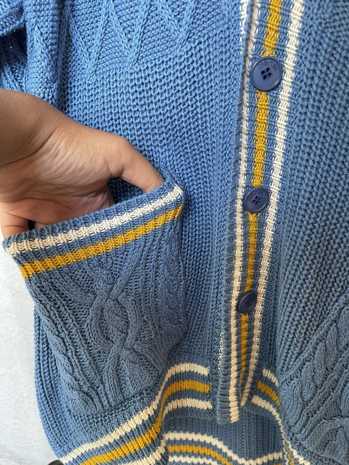 Ne-Net Ne Net Blue Cable Knit Cardigan Brown Bear Patch 2 Pockets Size ONE SIZE - 7 Thumbnail