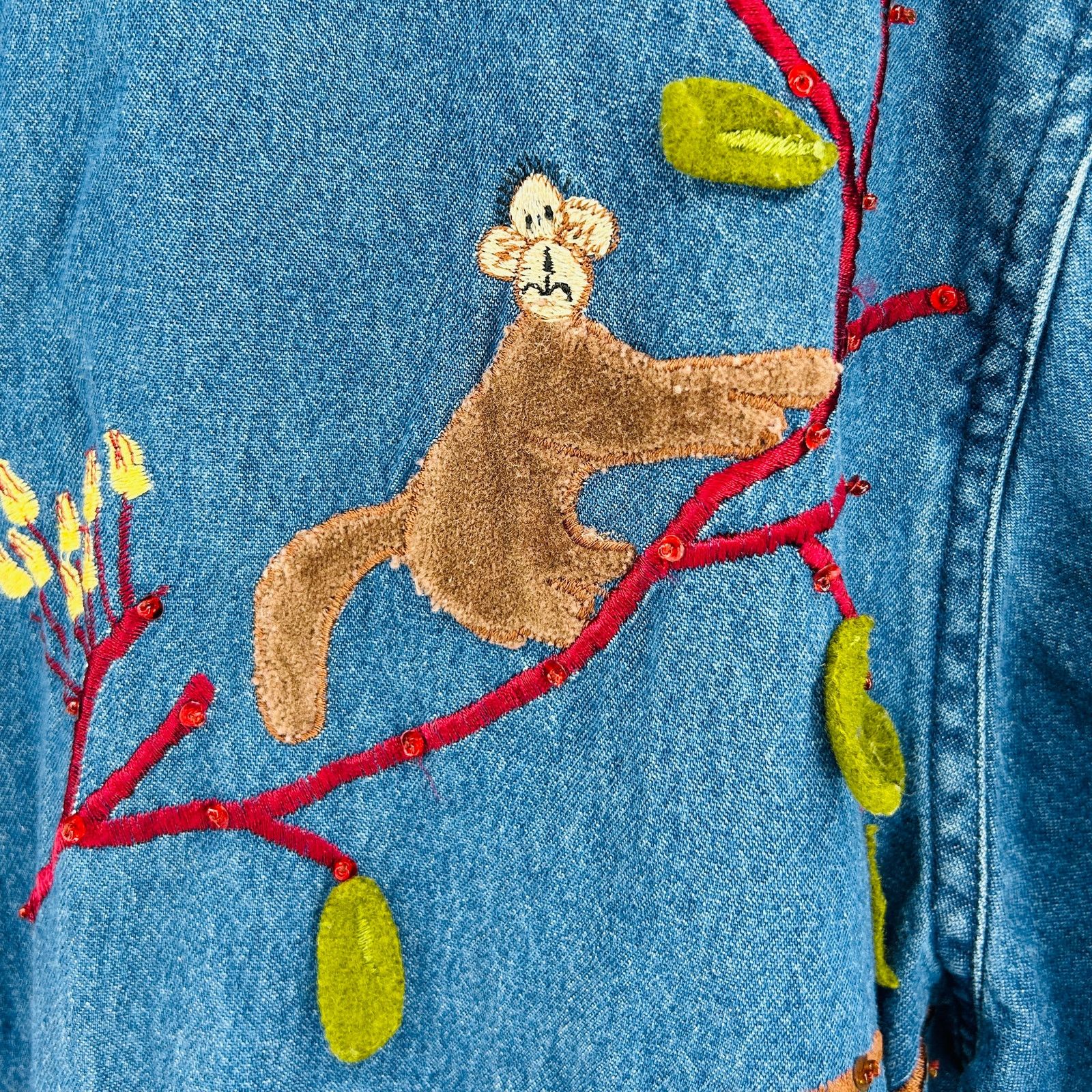 Vintage 90s Oversized Dark Blue Denim Button Down with Felt Monkeys Size XL / US 12-14 / IT 48-50 - 3 Thumbnail