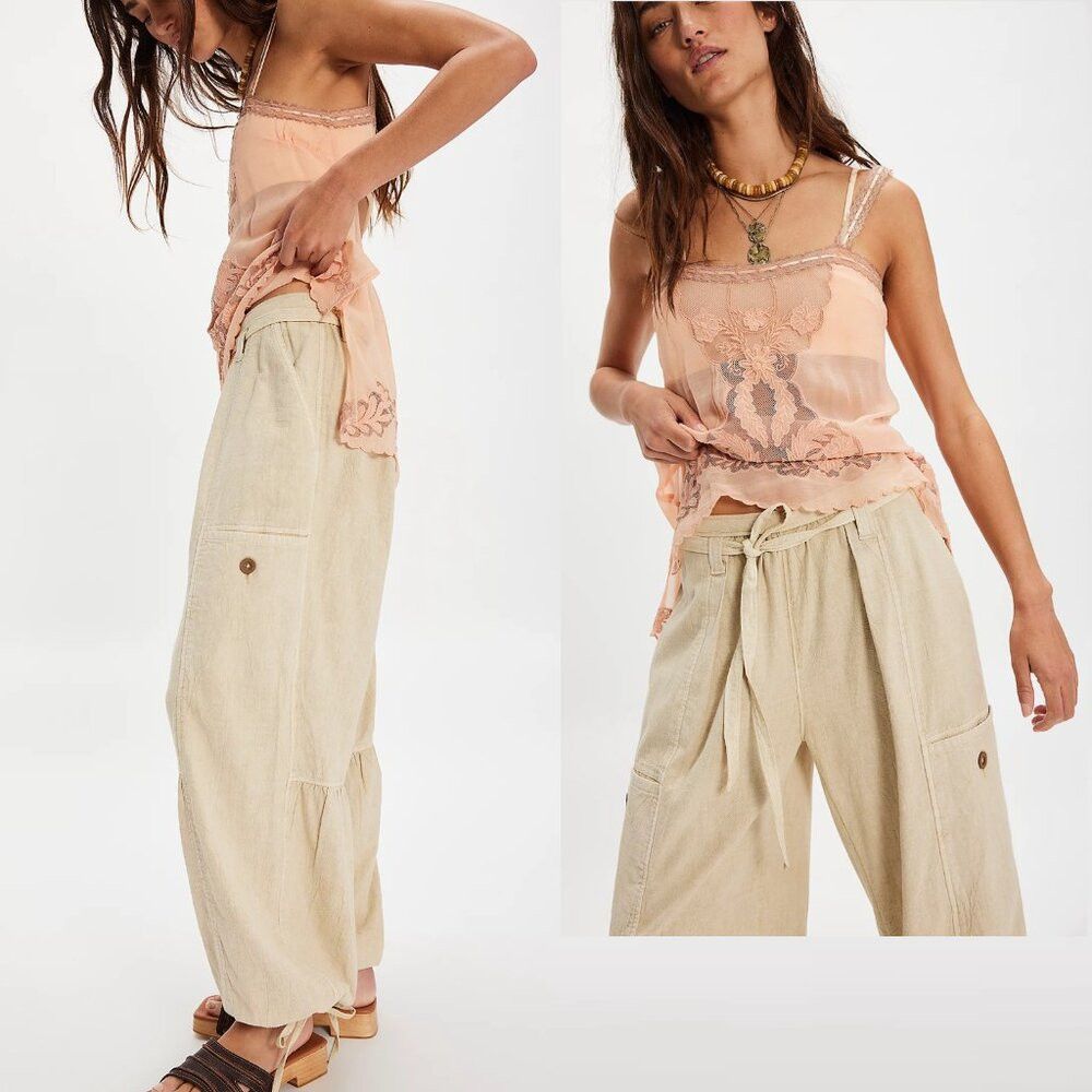 Free People New Free People Costa Linen Solid Morning Oat Pants Size XS Size 26" / US 2 / IT 38 - 2 Thumbnail