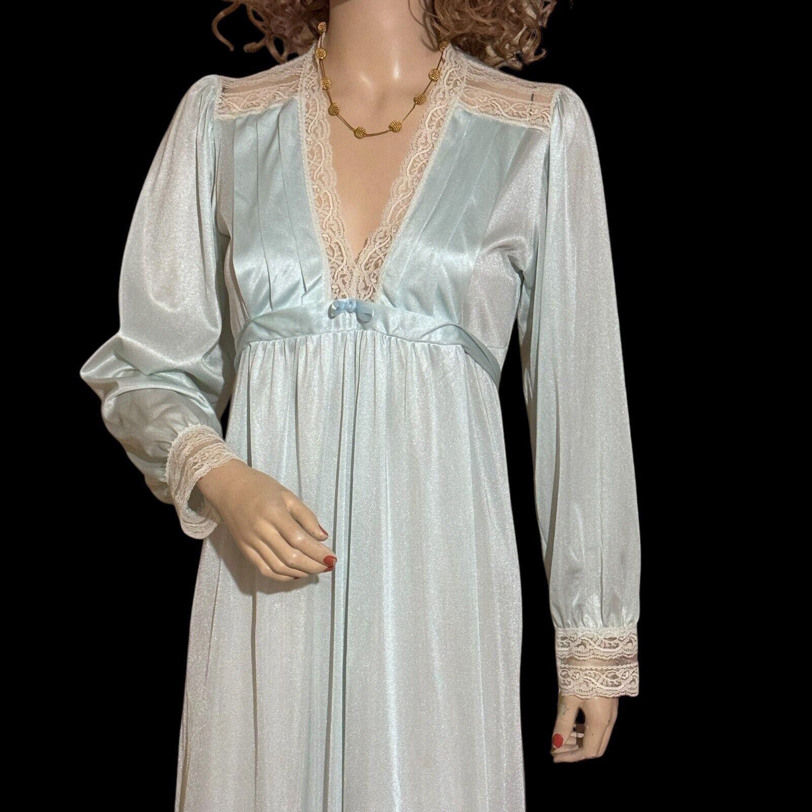 Designer Vtg Blue Nylon L/S Nightgown Lace Trim Sz S Val Mode Size ONE SIZE - 2 Thumbnail