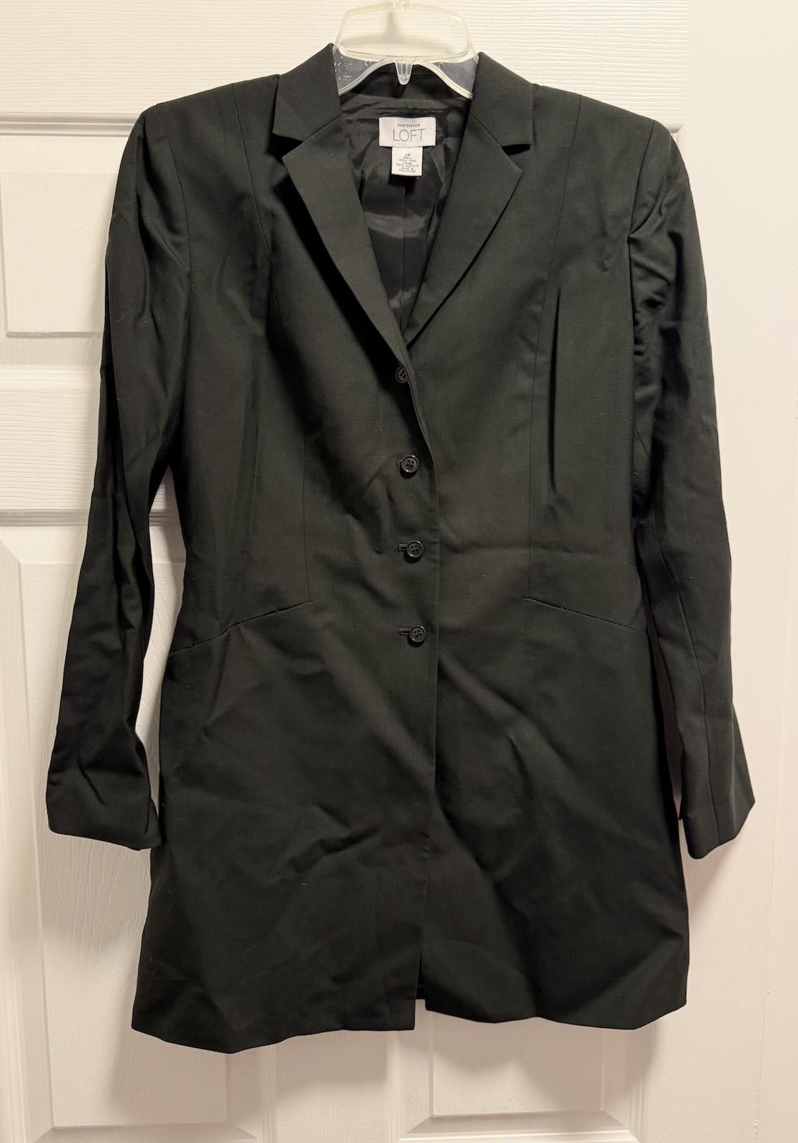 Designer Ann Taylor LOFT 100% Wool Black Long Blazer Coat 2P Size M / US 6-8 / IT 42-44 - 1 Thumbnail