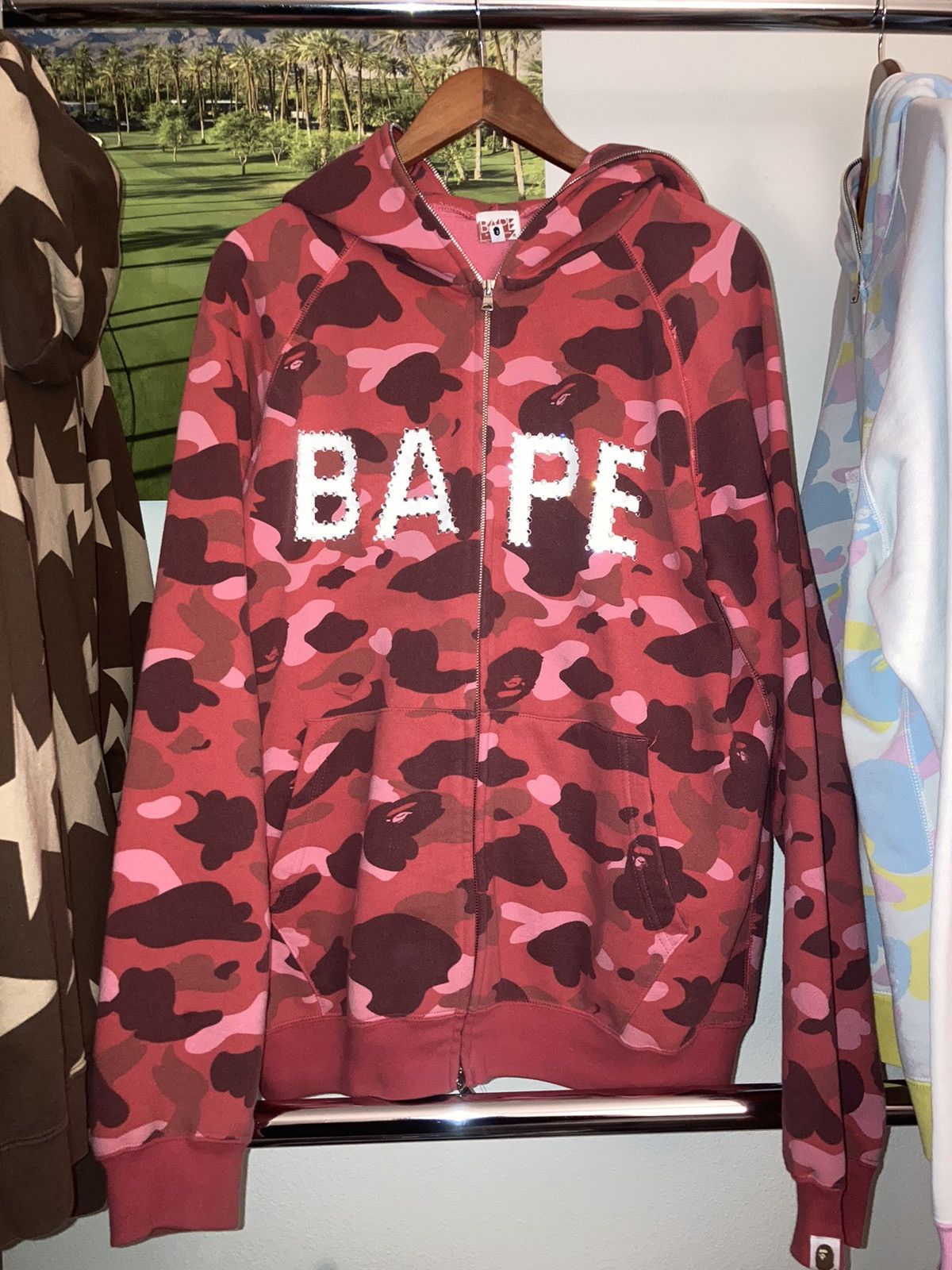 Pre-owned Bape X Nigo Bape Red Camo Swarovski Full Zip Hoodie