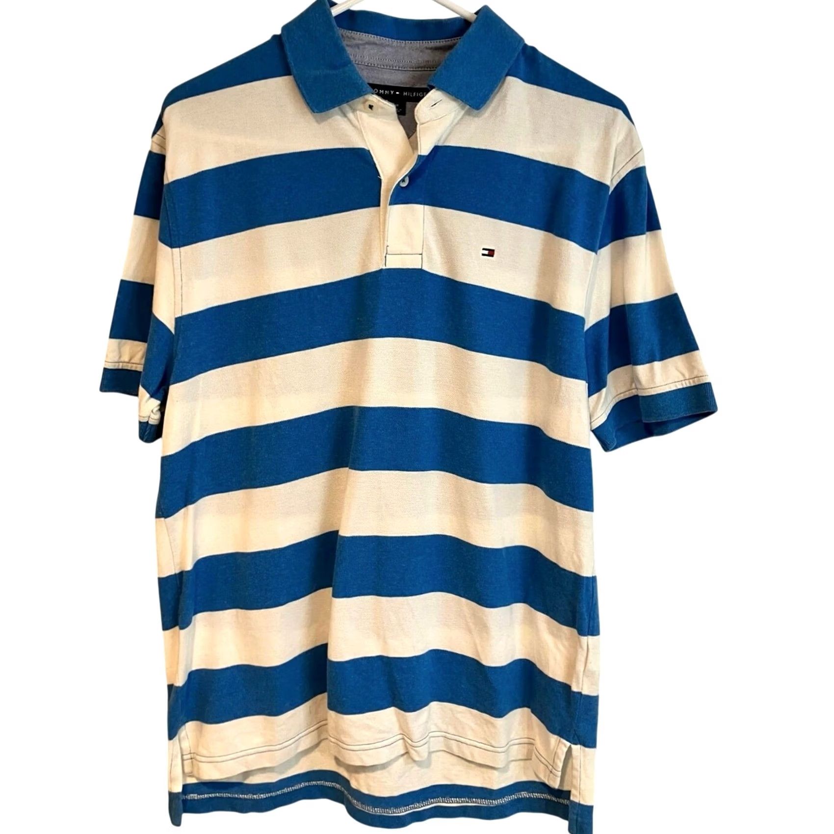 Tommy Hilfiger VINTAGE Tommy Hilfiger Rugby Polo Shirt Striped Blue White 100% Cotton Short Sleeve M Mens Polo Rugby Embroidered Logo 90s Retro Size US M / EU 48-50 / 2 - 2 Thumbnail