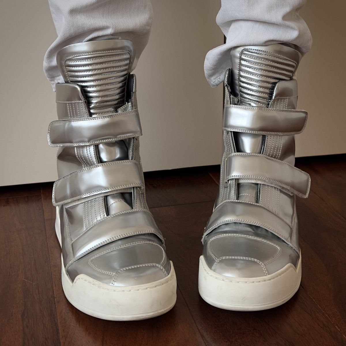 Balmain Balmain High-Top Metallic Silver Leather Strap Sneakers Size US 10 / EU 43 - 2 Thumbnail