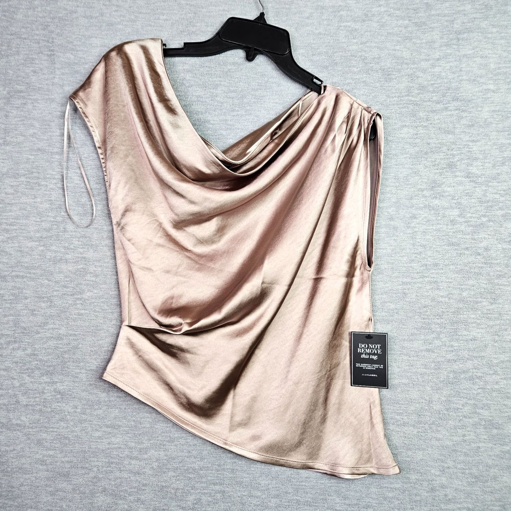Vintage Jluxlabel Women Satin Drape Top XS Champagne Asymmetrical NWT Satin Blouse Off Shoulder Short Sleeve Pink Regular Fit Women XS NWT Size XS / US 0-2 / IT 36-38 - 3 Thumbnail