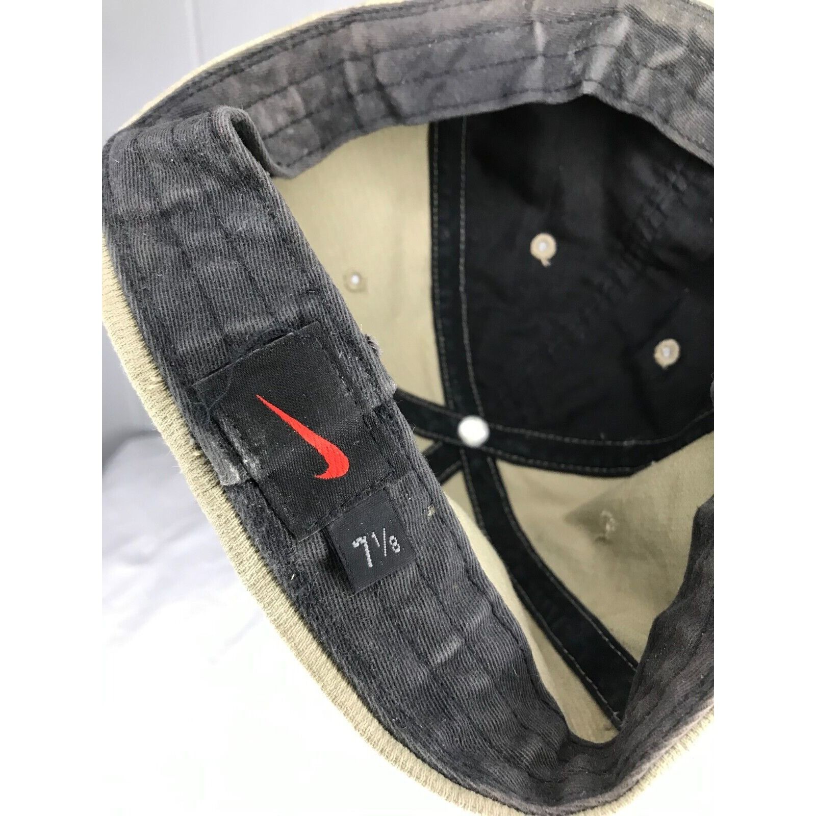 Nike × Vintage Vintage Nike Hat Cap Fitted Mens 7 1/8 Beige Swoosh Spellout Size ONE SIZE - 6 Thumbnail