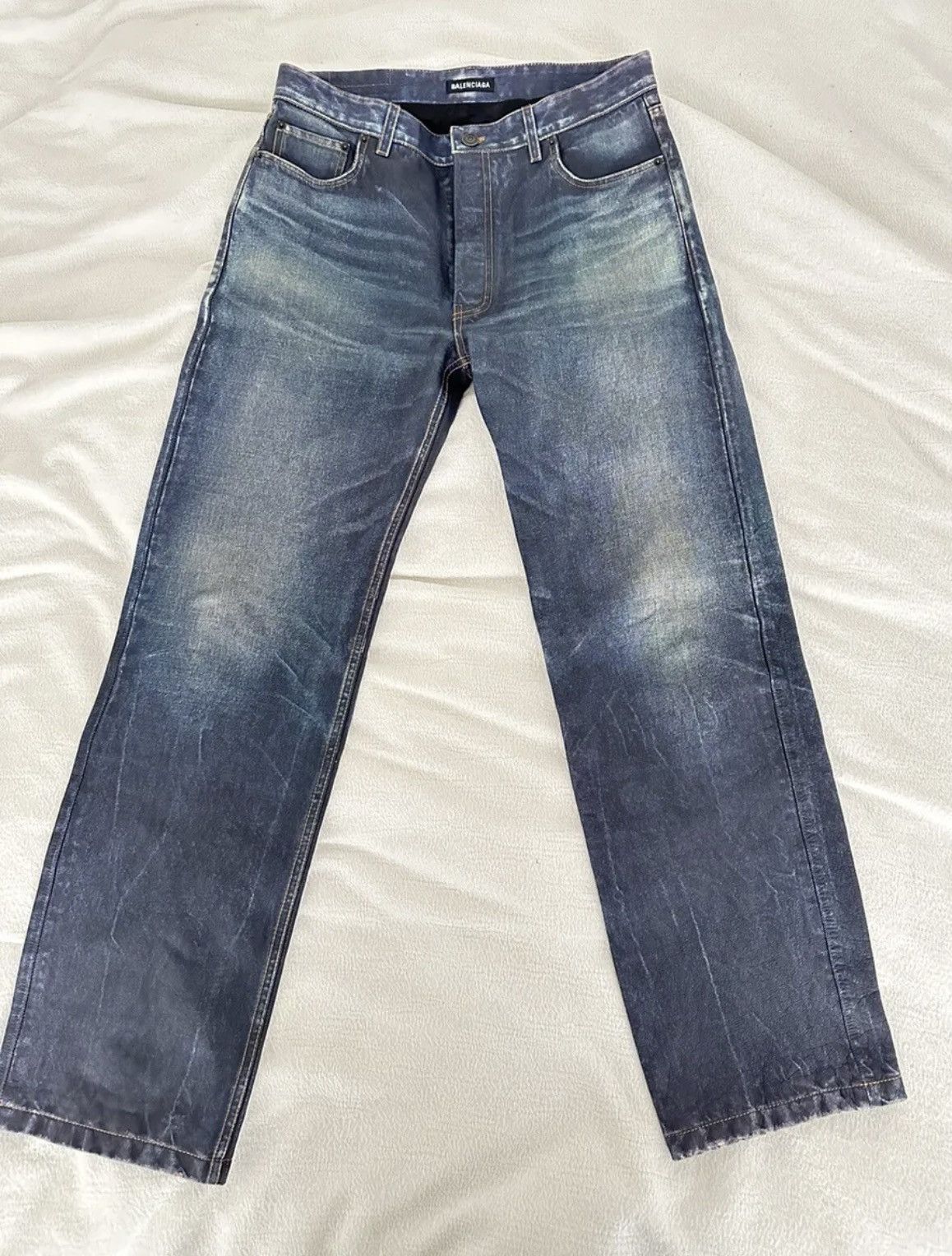 image of Balenciaga Trompe L’Oeil Pants Denim Printed Leather Spring 21 in Blue, Men's (Size 30)