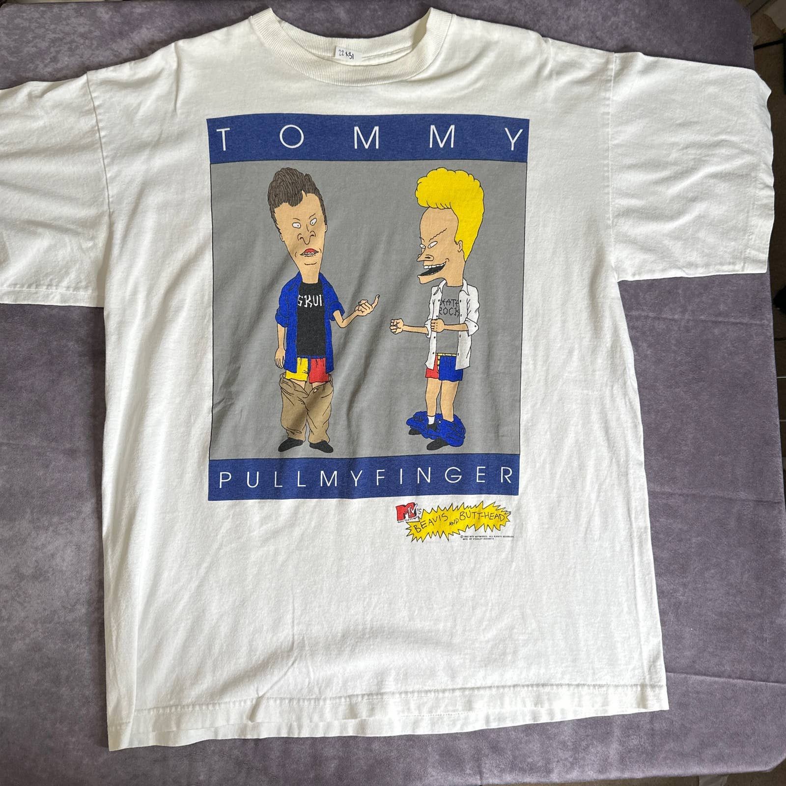 image of Vintage 1995 Mtv Beavis Butt Head Tommy Pull My Finger Shirt in White, Men's (Size XL)