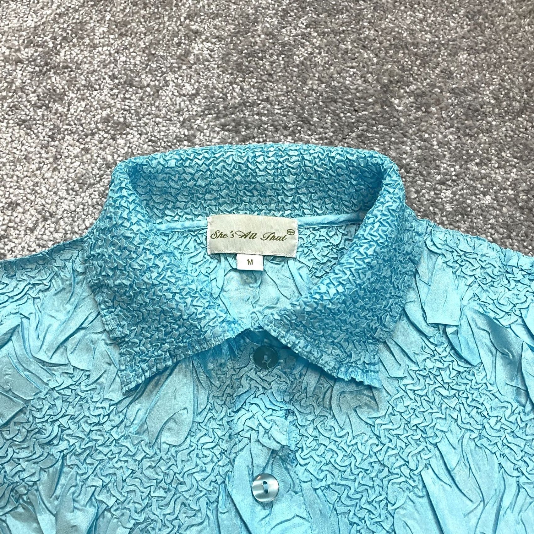 Vintage She's All That blouse Button Up Top Juniors M Light Blue Stretch Textured Shirt Size M / US 6-8 / IT 42-44 - 2 Thumbnail