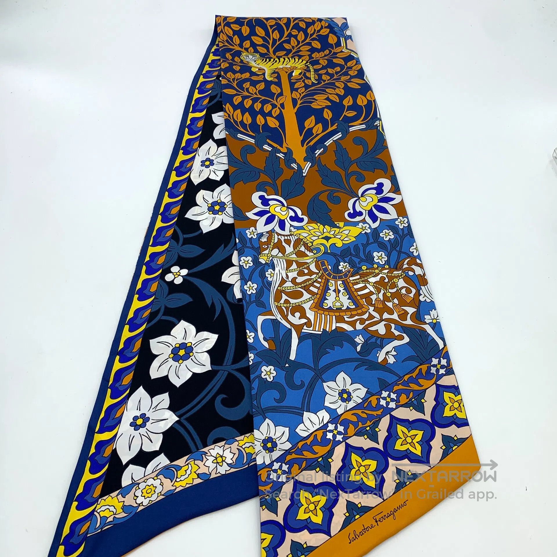 Salvatore Ferragamo Salvatore Ferragamo Dark Blue Floral Animal Print Silk Sca Size ONE SIZE - 3 Thumbnail