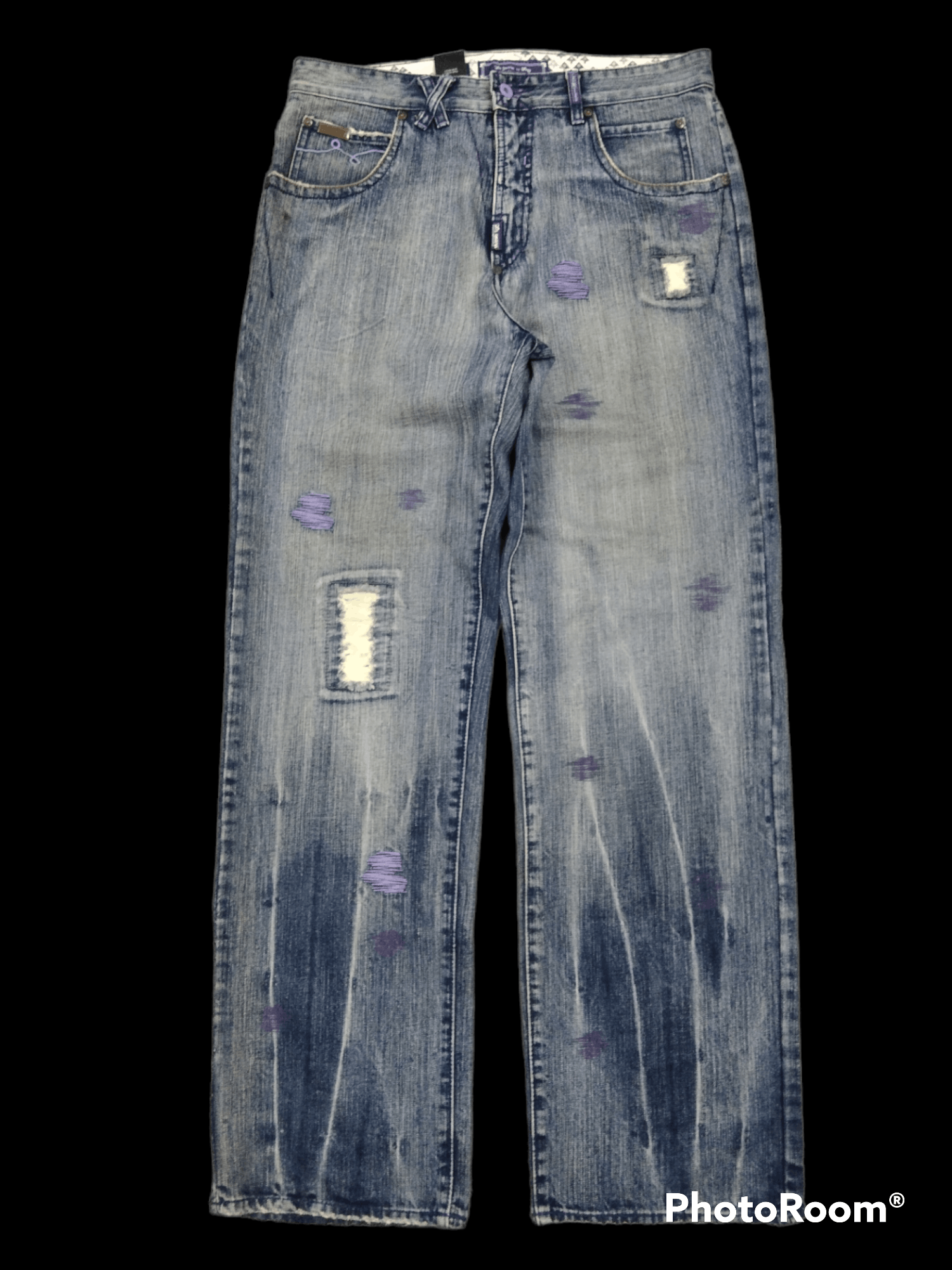 image of Distressed Denim x Hype Sick Washed Blue Pacthwork Ing Denim Pants in Blue Distressed (Size 34)