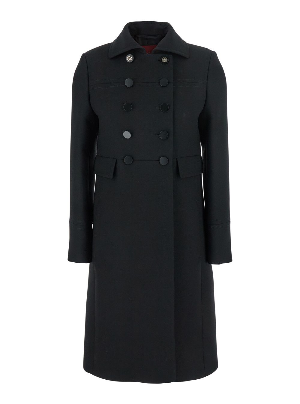 Black Double-Breasted Coat with Spread Collar in Wool Woman
