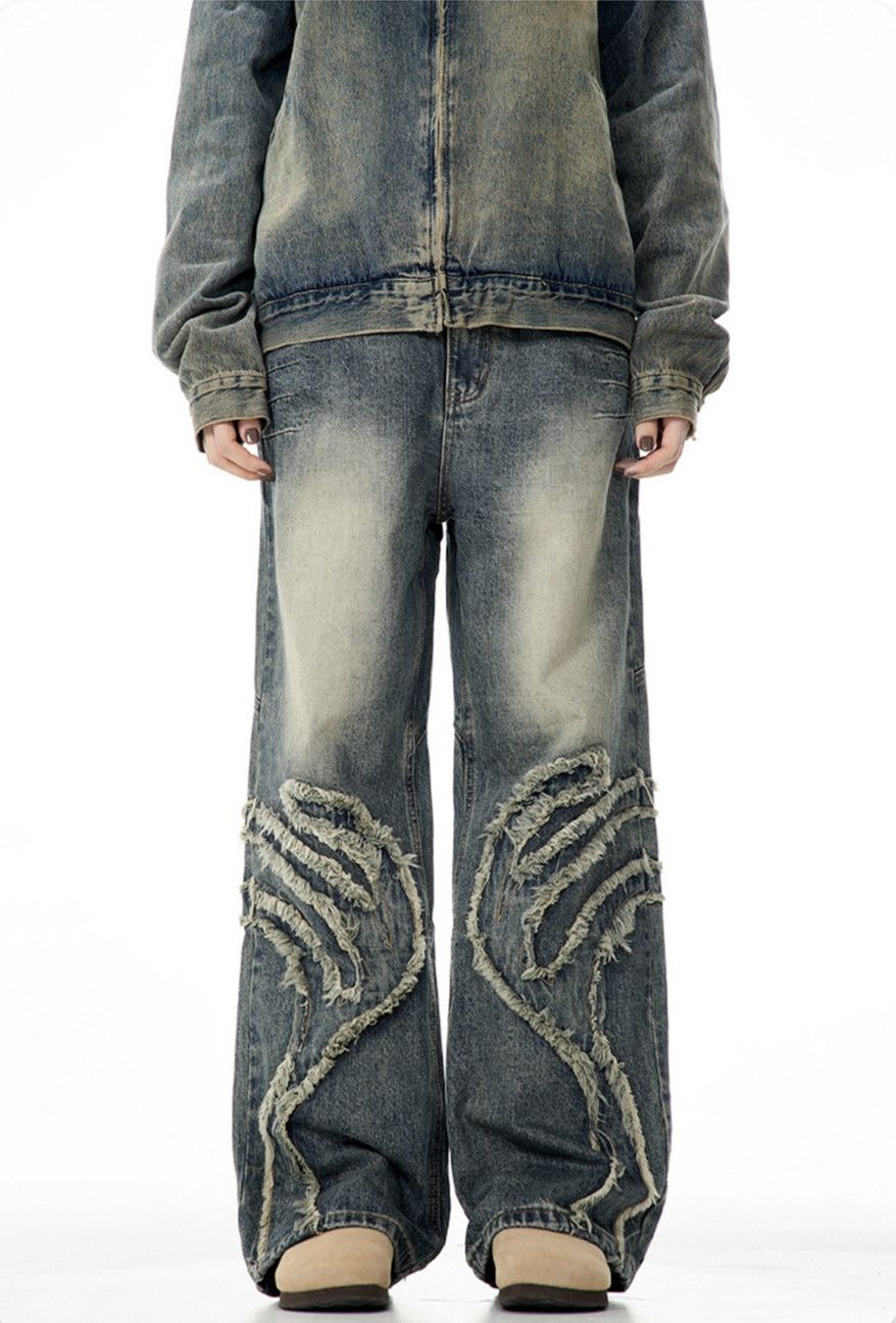 image of Blue Baggy Jeans Graphic Splicing Loose Street, Men's (Size 31)