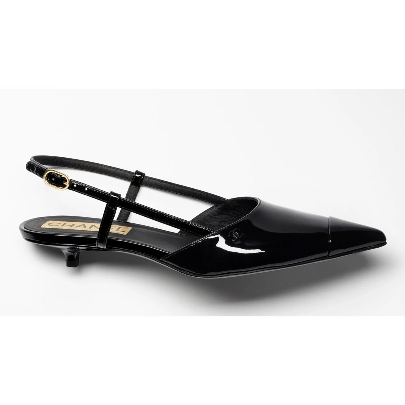 Chanel 22K Black Patent Leather CC Sling Slingback Sandal