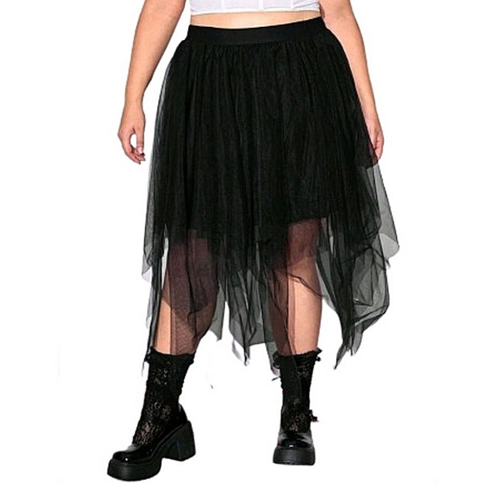 Shein MIDNITE BLACK ☆ GOTH ☆ HANKY HEM ☆ TULLE SKIRT 6x ☆ NWT Size 42" / US 20 - 3 Thumbnail