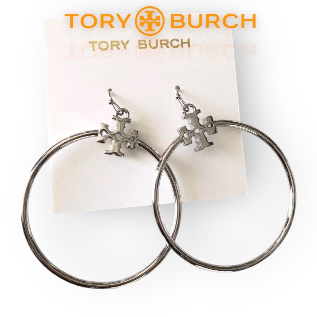 Tory Burch Tory Burch Silver Stacked T Logo Hoop Earrings Size ONE SIZE - 2 Thumbnail