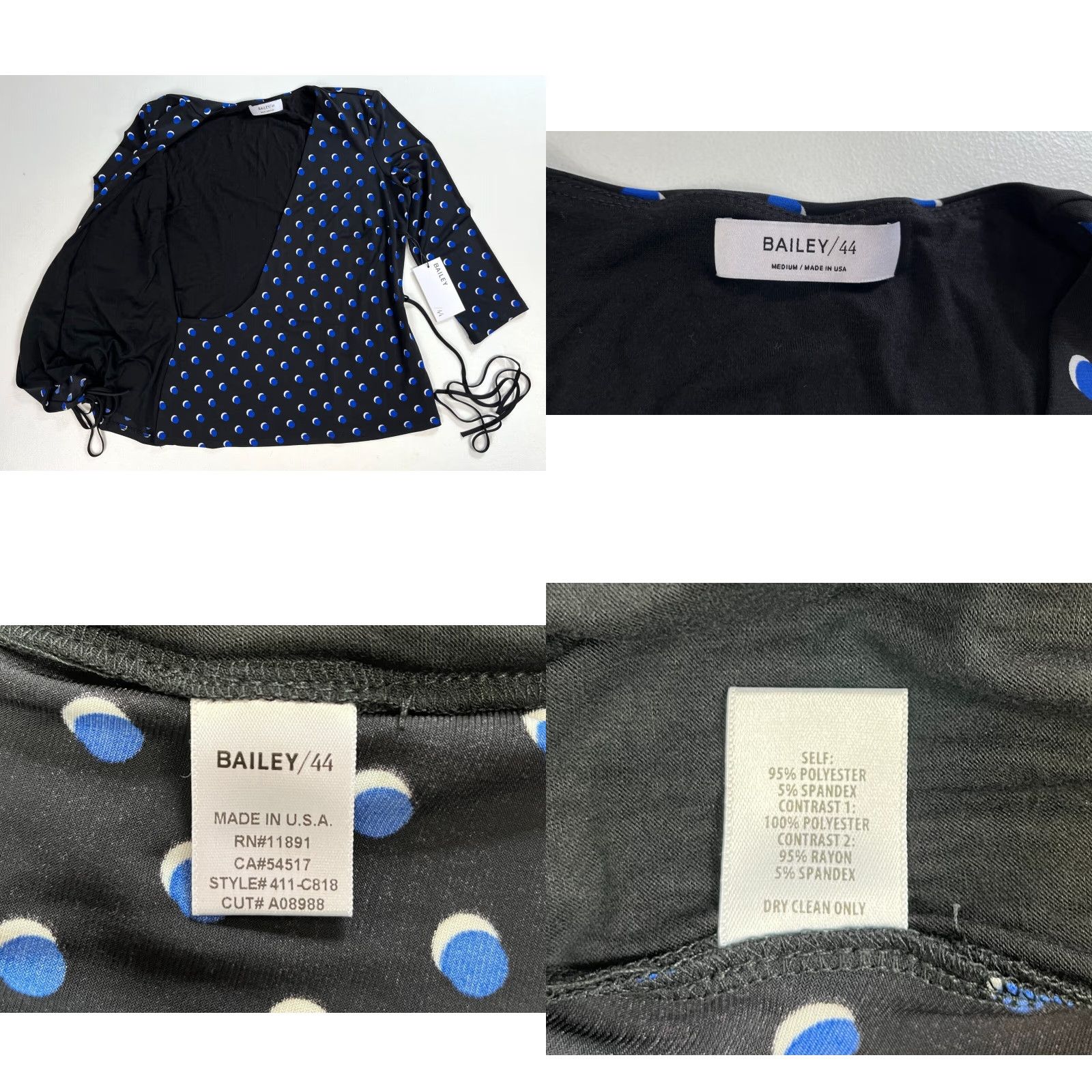 Bailey 44 Bailey 44 Blouse Wrap Top 3/4 Sleeve Wrapture Dot NWT Womens Sz M Black Blue Polka Dot V-Neck Designer Made in USA Size M / US 6-8 / IT 42-44 - 8 Thumbnail