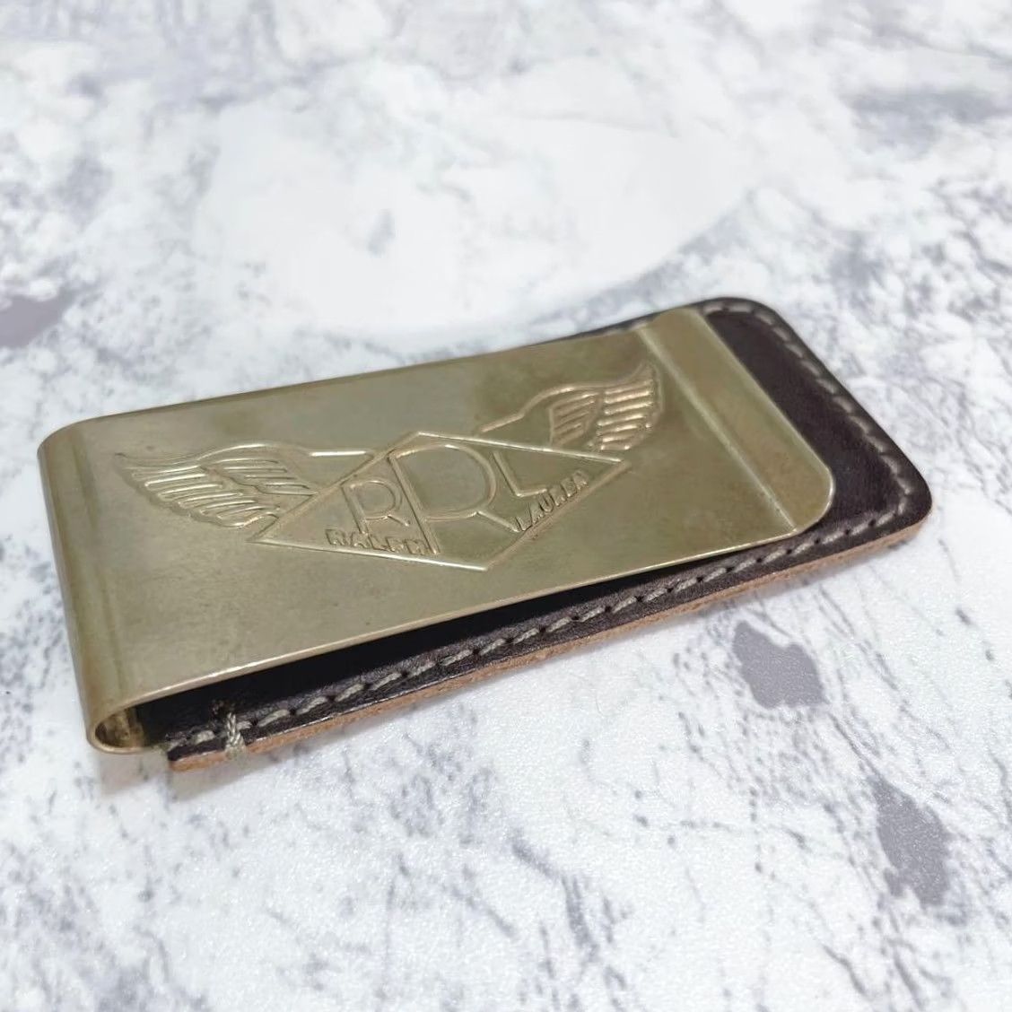 Ralph Lauren RRL Ralph Lauren Money Clip Wing Logo Emboss Leather×Brass Unisex Casual Used Brown Size ONE SIZE - 4 Thumbnail