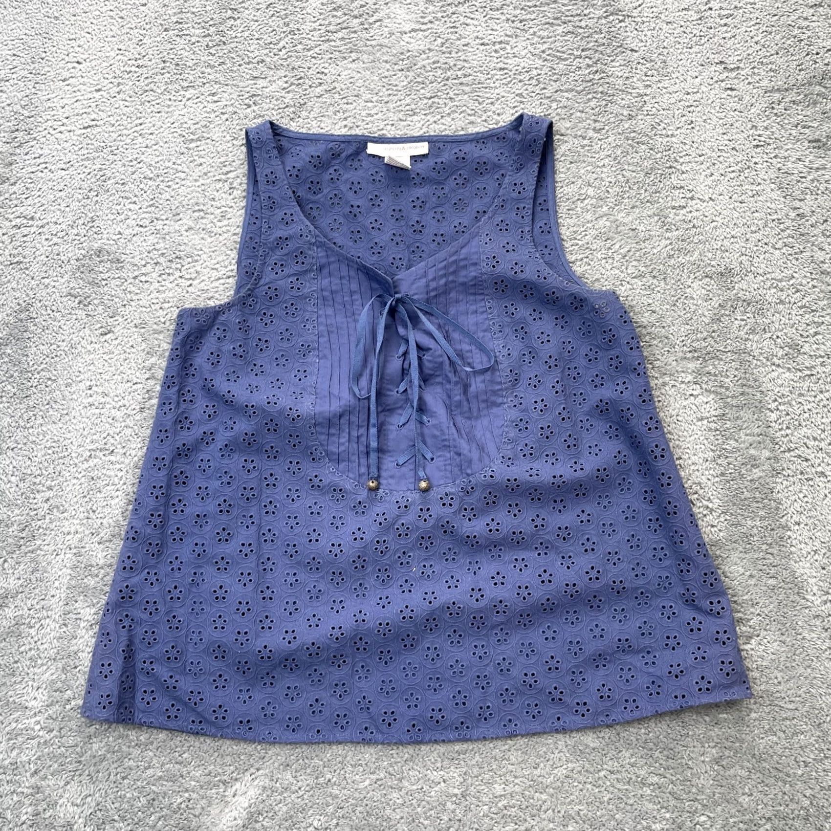 Vintage Chelsea And Theodore Womens Blue Floral Eyelet Top Medium Cotton Lace Up Cottage Size M / US 6-8 / IT 42-44 - 2 Thumbnail