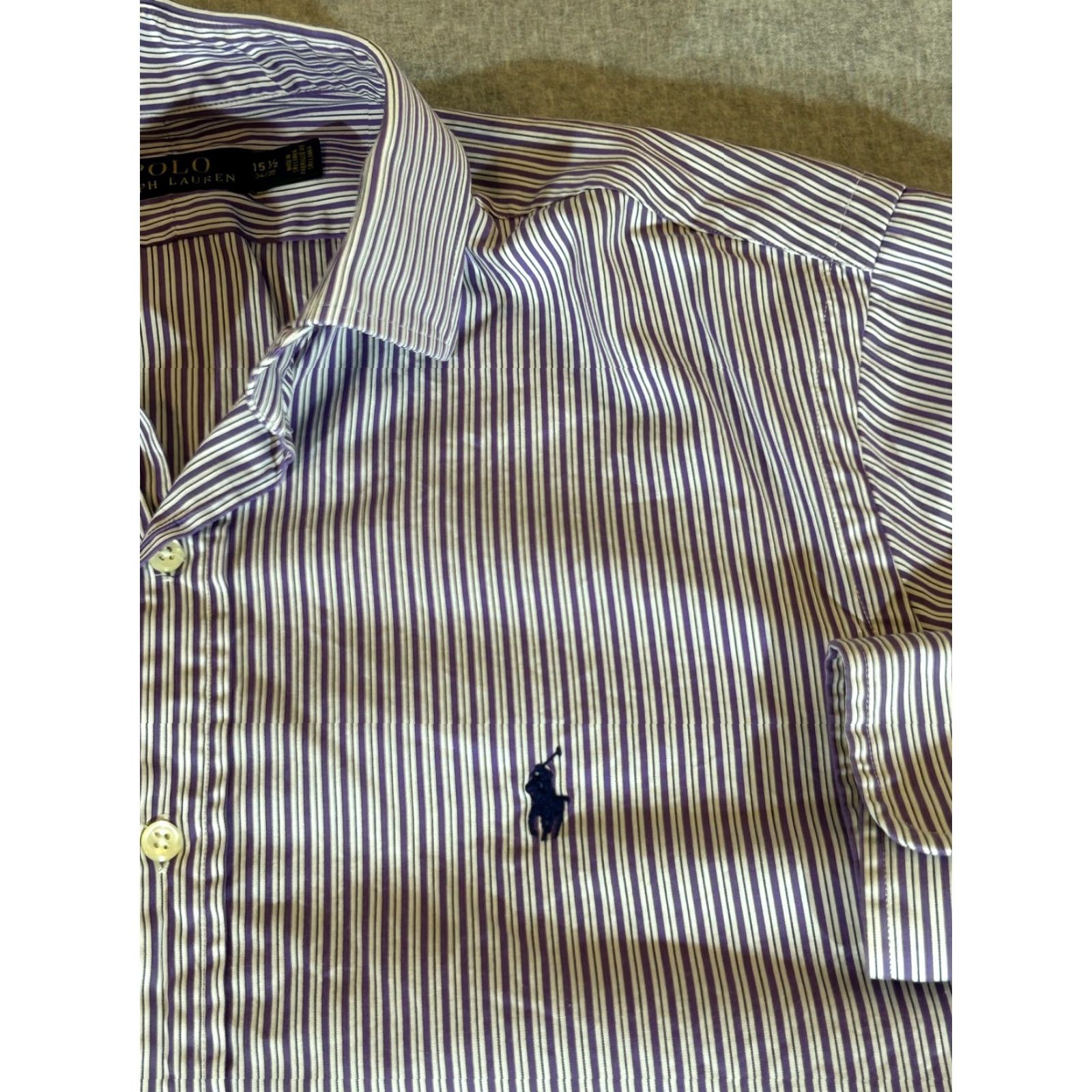Polo Ralph Lauren Ralph Lauren Shirt Mens 15.5 Purple Stripe Button Polo Dress Shirt Size 42R - 2 Thumbnail
