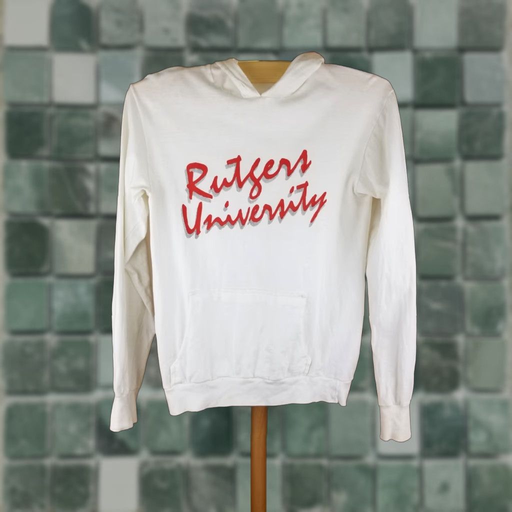 Vintage VINTAGE RUTERS UNIVERSITY White Cotton Hoodie OSFA? Sz Small Mens Pullover Lightweight Lined 80s Sports University Western Hoodie Sweatshirt Size US S / EU 44-46 / 1 - 1 Thumbnail