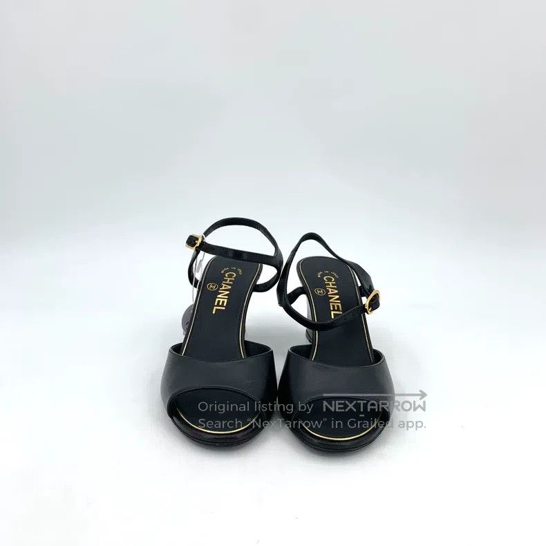Chanel Chanel Black leather round toe one-string pearl slope heel Size US 7 / IT 37 - 3 Thumbnail
