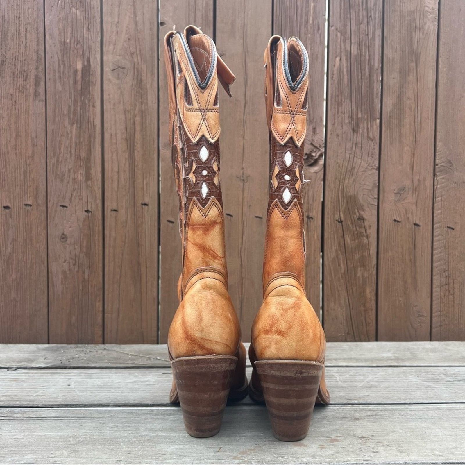 Vintage Miss Capezio Butterfly Boot stacked heel brindle tan leather Size US 7.5 / IT 37.5 - 5 Thumbnail