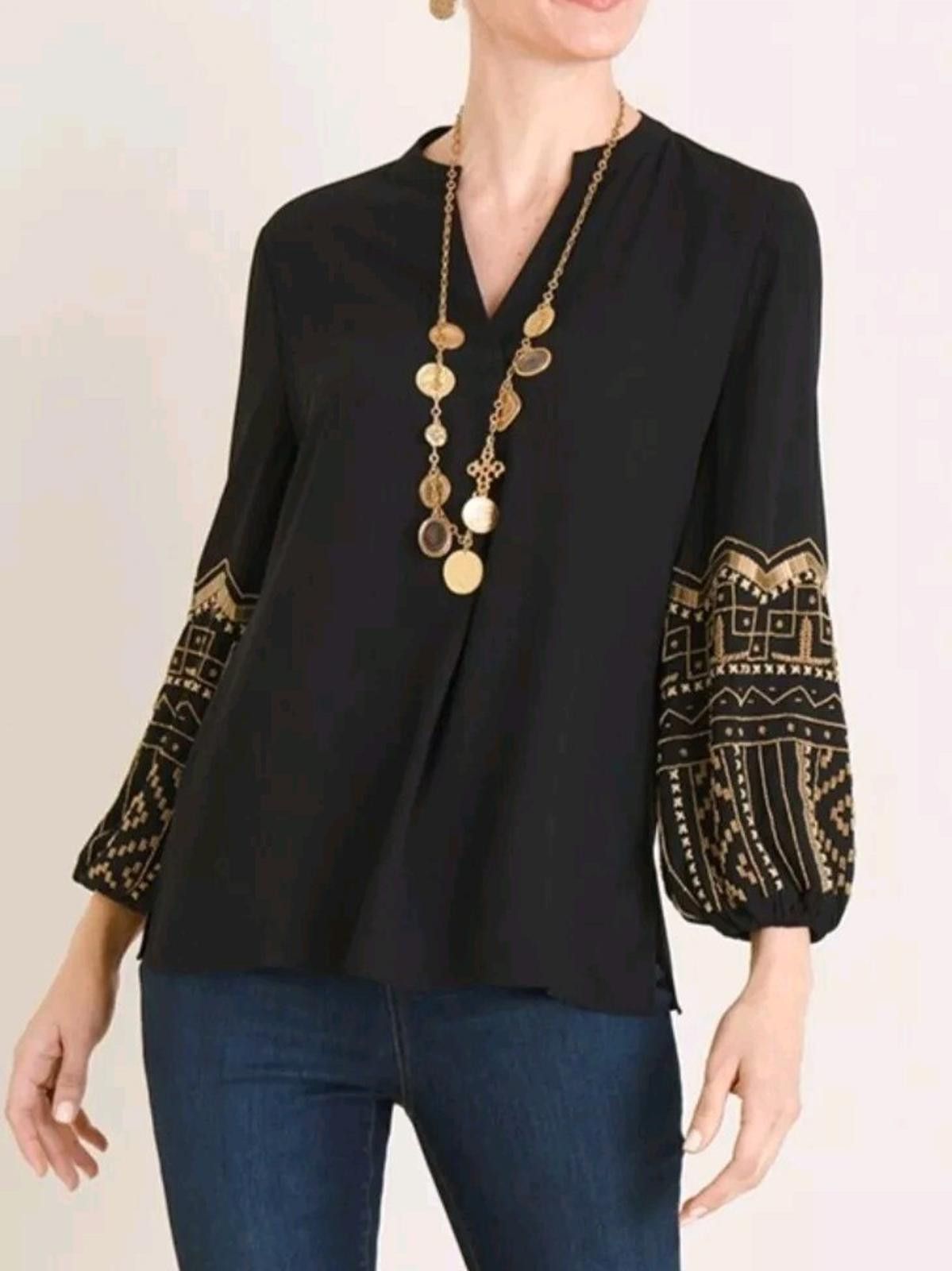 Chicos Chico's sz 2 V-Neck Black Blouse Top Gold Beaded Embellished Size L / US 10 / IT 46 - 2 Thumbnail