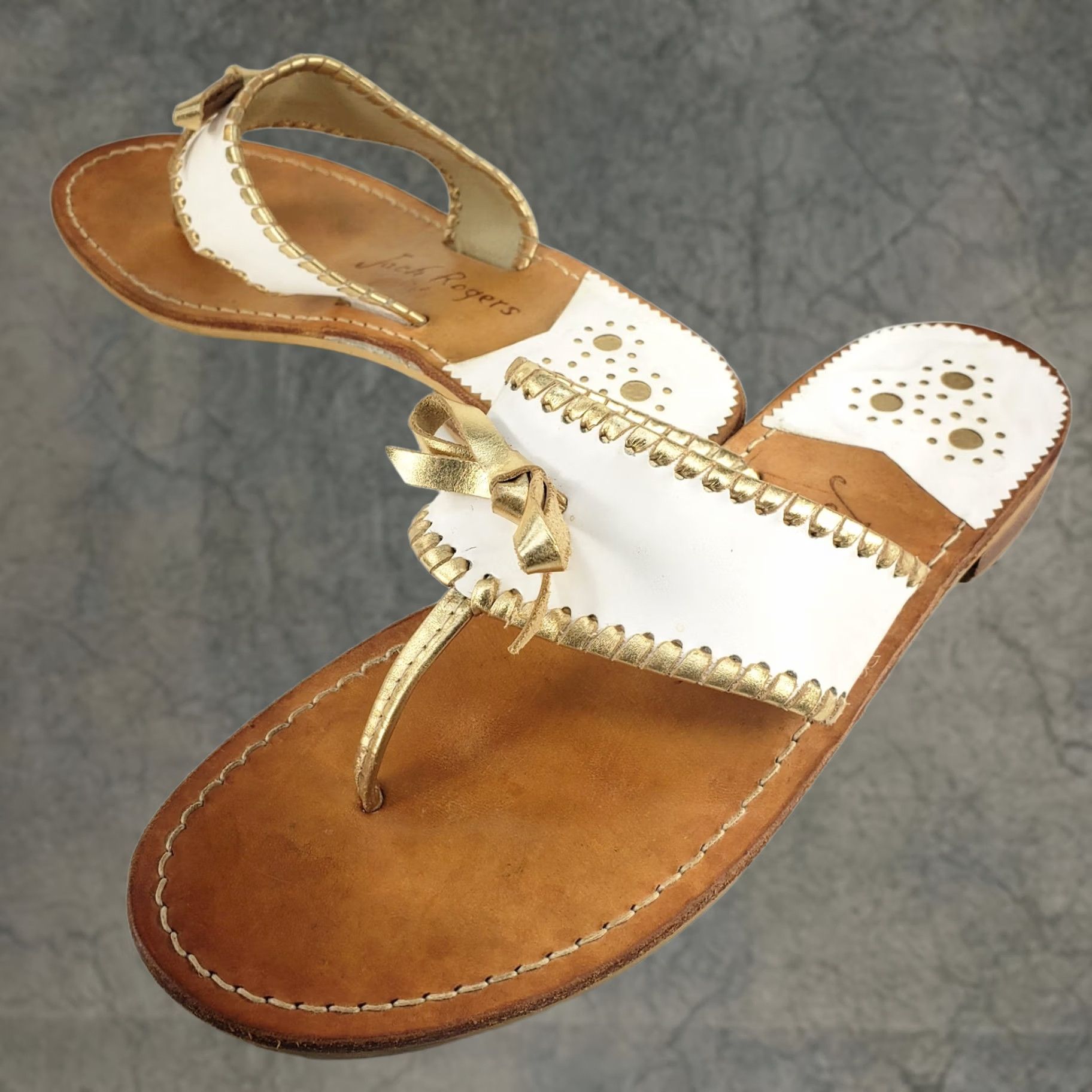 Jack Rogers VINTAGE Jack Rogers Adeline White With Gold Metallic Trim Bow Leather Sandal Womens 8.5-9 Flat Slip On Leather Upper Lining Bow Metal Cottage 90s Size US 8 / IT 38 - 1 Thumbnail