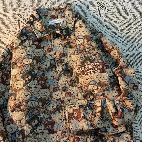 image of Designer Korean Coach Jacket With Bears Loose Oversize in Beige, Men's (Size XL)