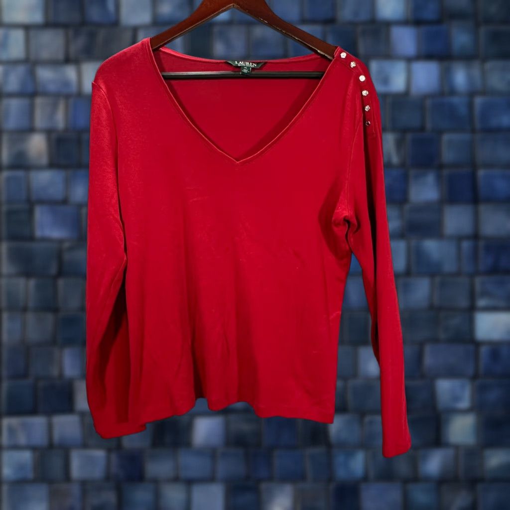 Ralph Lauren Lauren Ralph Lauren Top Women XL Red Cotton Knit Long Sleeve Button Shoulder Tee Size XL / US 12-14 / IT 48-50 - 1 Thumbnail