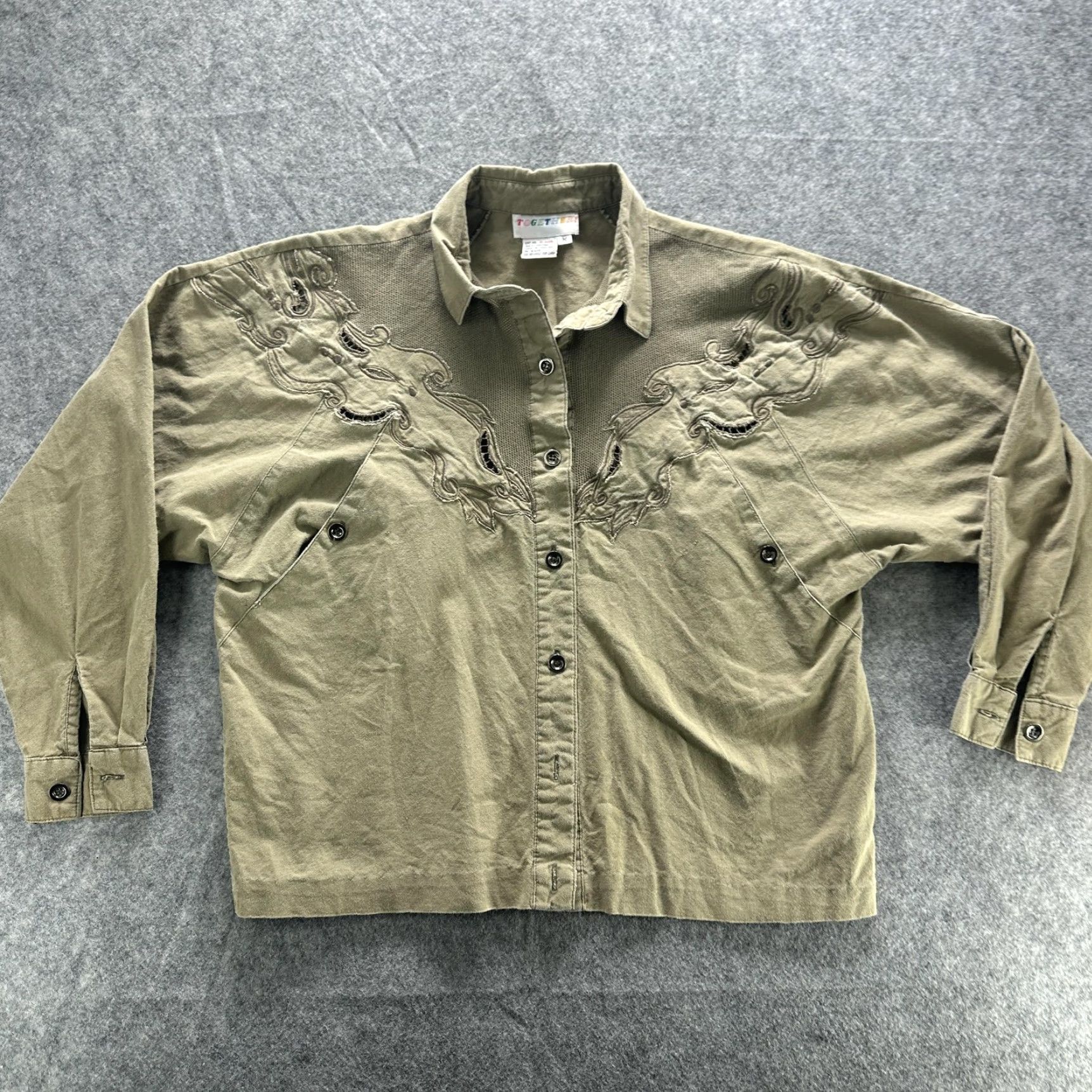 Vintage Vintage Together Shirt Womens Medium Green Embroidered Cutout Button Front 90s Size M / US 6-8 / IT 42-44 - 2 Thumbnail