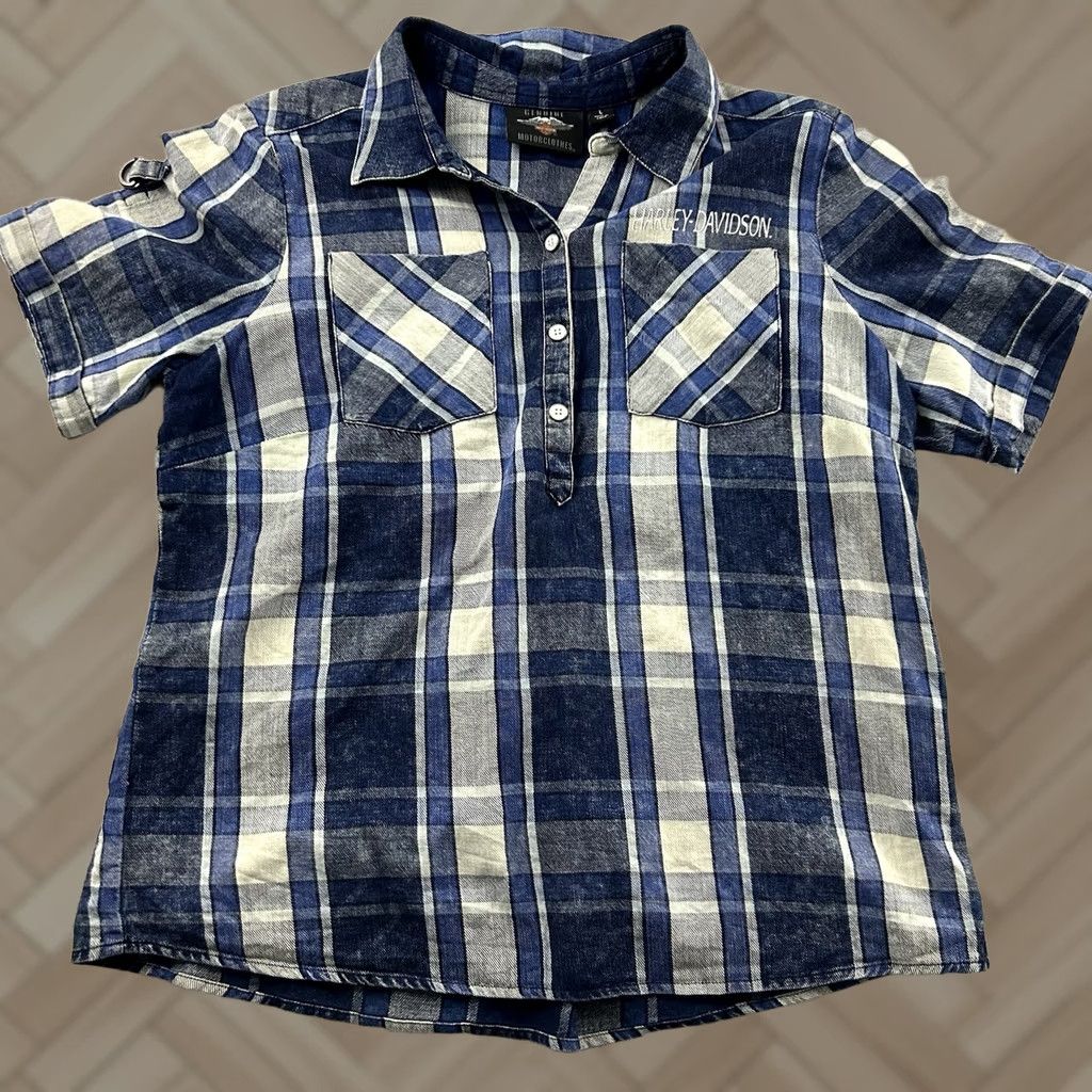 Harley Davidson Harley-Davidson Short Sleeve Plaid Snap Button-Up Shirt Women's L Blue Size L / US 10 / IT 46 - 1 Thumbnail