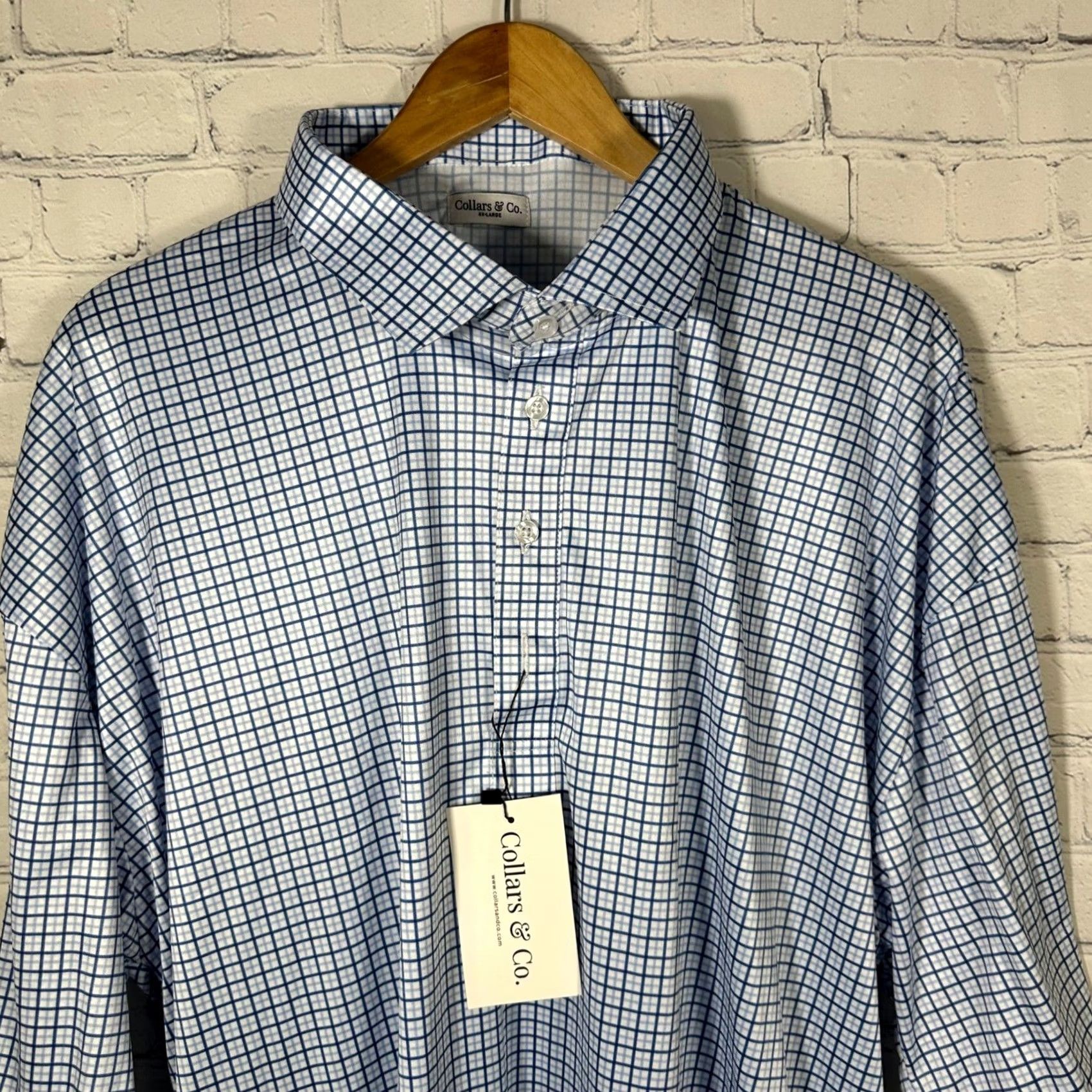 CO Collars & Co Mens Dress Collar Polo Shirt 4XL Blue White Check Stretch New Size 48R - 2 Thumbnail