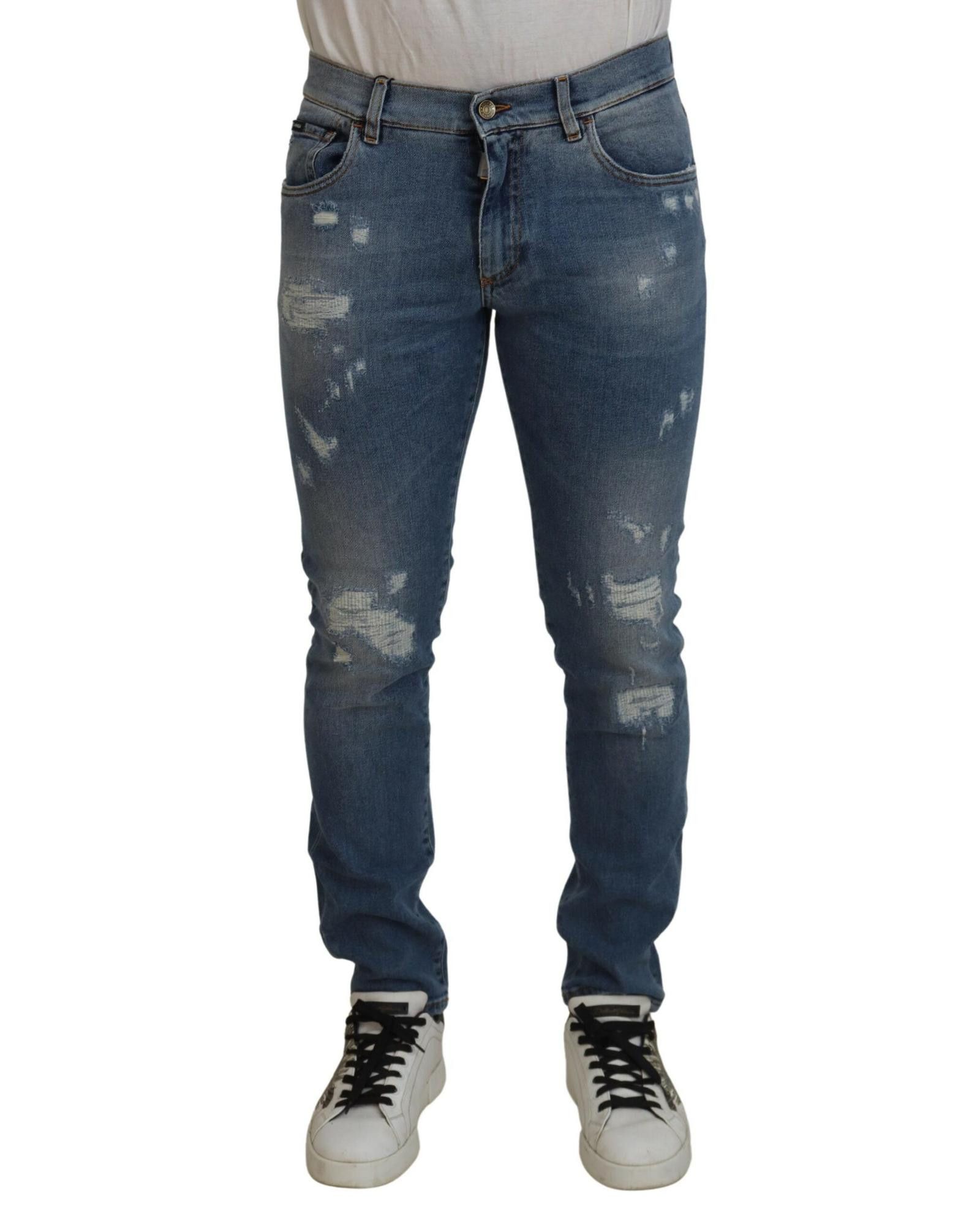 image of Dolce Gabbana Tattered Cotton Denim Jeans in Blue, Men's (Size 36)