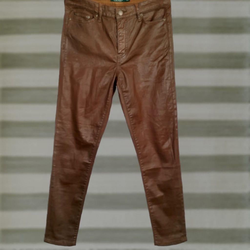 Ralph Lauren Lauren Ralph Lauren Premier Skinny Ankle Pants Size 8 Brown Coated Faux Leather Cotton Blend Twill Slim 31" Waist 39" Outseam Womens Vintage? Size 30" / US 8 / IT 44 - 1 Thumbnail
