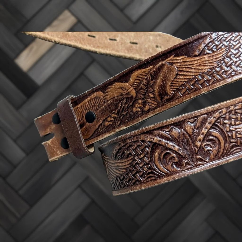 Vintage VINTAGE brown TOOLED leather EAGLE buckle belt 42 WESTERN cowboy USA america Size 42 - 1 Thumbnail