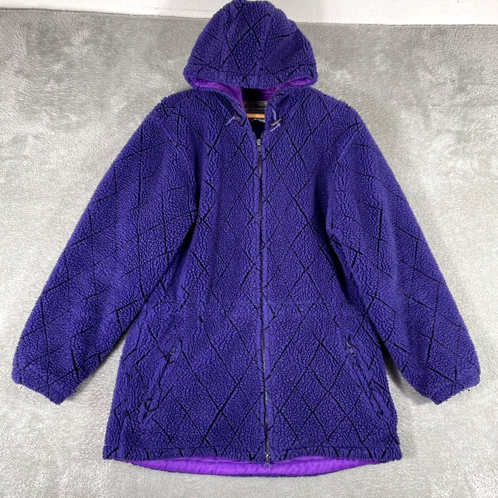 Vintage Vintage L.L. Bean Fleece Jacket - Womens Medium Purple Diamond Quilt Hooded Coat Size M / US 6-8 / IT 42-44 - 2 Thumbnail