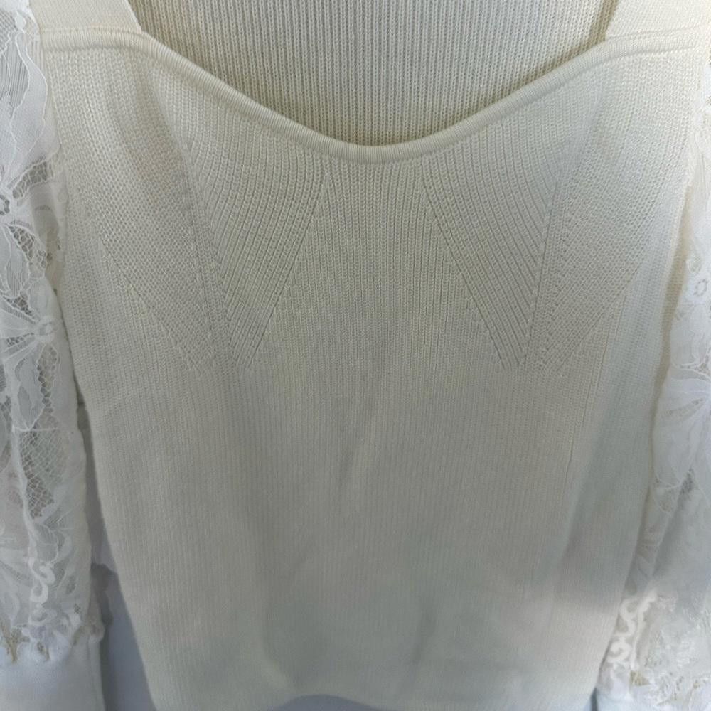 Designer Anthropologie Lace Balloon Sleeve Ribbed Sweater Ivory XS Size XS / US 0-2 / IT 36-38 - 5 Thumbnail