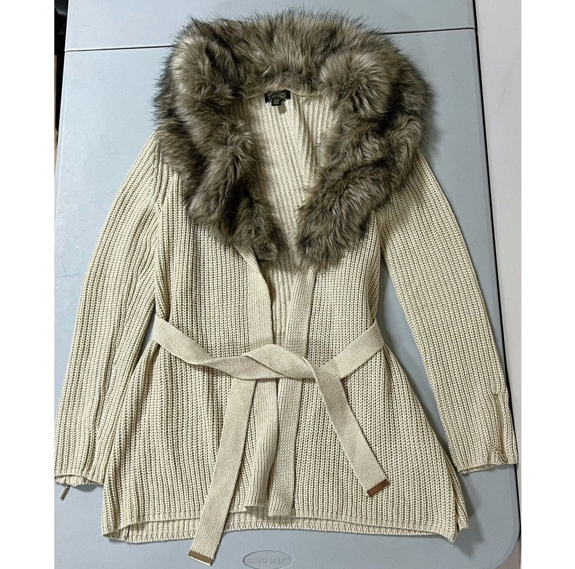 Tallia Beige Fur Knit Belted Sweater Cardigan Outerwear Size M 🤎✨ Size M / US 6-8 / IT 42-44 - 1 Thumbnail