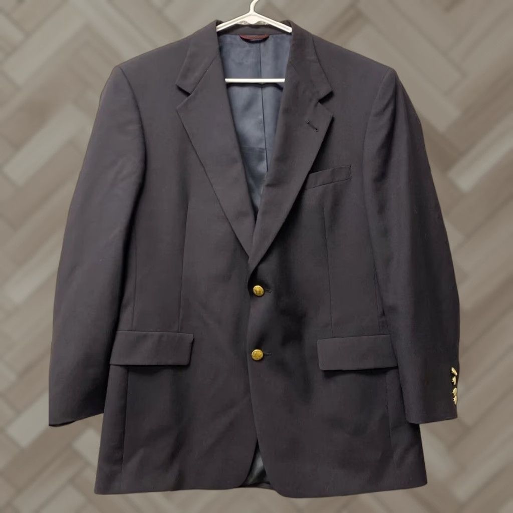 Hart Schaffner Marx Hart Schaffner Marx Blazer Navy Blue Wool Two Gold Buttons Mens 41 Regular Blue Gold Buttons Notch Lapel Single-Breasted Two-Button Front Vintage No Size 42R - 1 Thumbnail