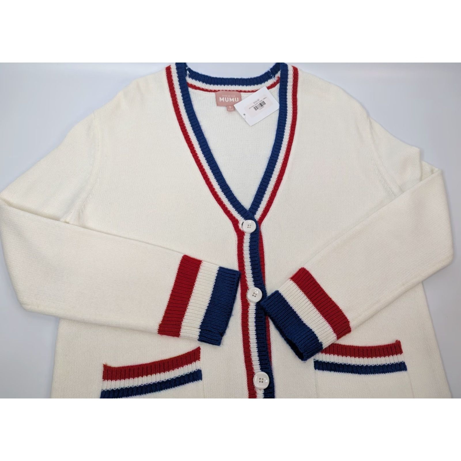 Show Me Your MuMu NWT Show Me Your Mumu Lambert Button Cardigan In USA Stripe Knit Size Small Women Cardigan White Knit Casual Preppy Pockets Womens Size S / US 4 / IT 40 - 2 Thumbnail