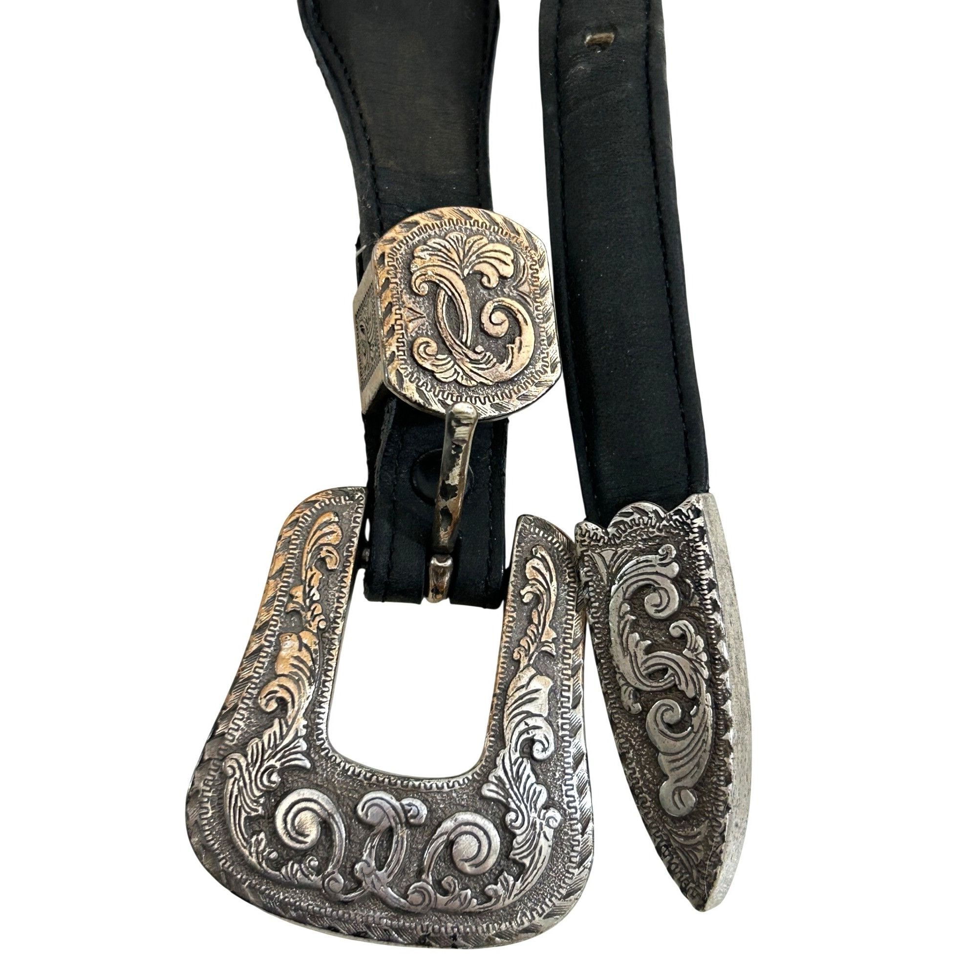 Justin Justin Belt Black 30 Vtg Leather USA Silver-plated 1993 Eng Size ONE SIZE - 12 Thumbnail