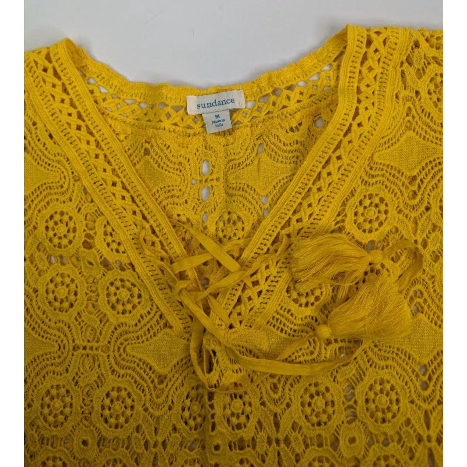 Vintage Sundance Graycelyn Yellow Lace Up 100% Cotton V-Neck Coverup M Adult Women Beach Bohemian Tunic Shirt Style Crew Neck? Size M / US 6-8 / IT 42-44 - 7 Thumbnail