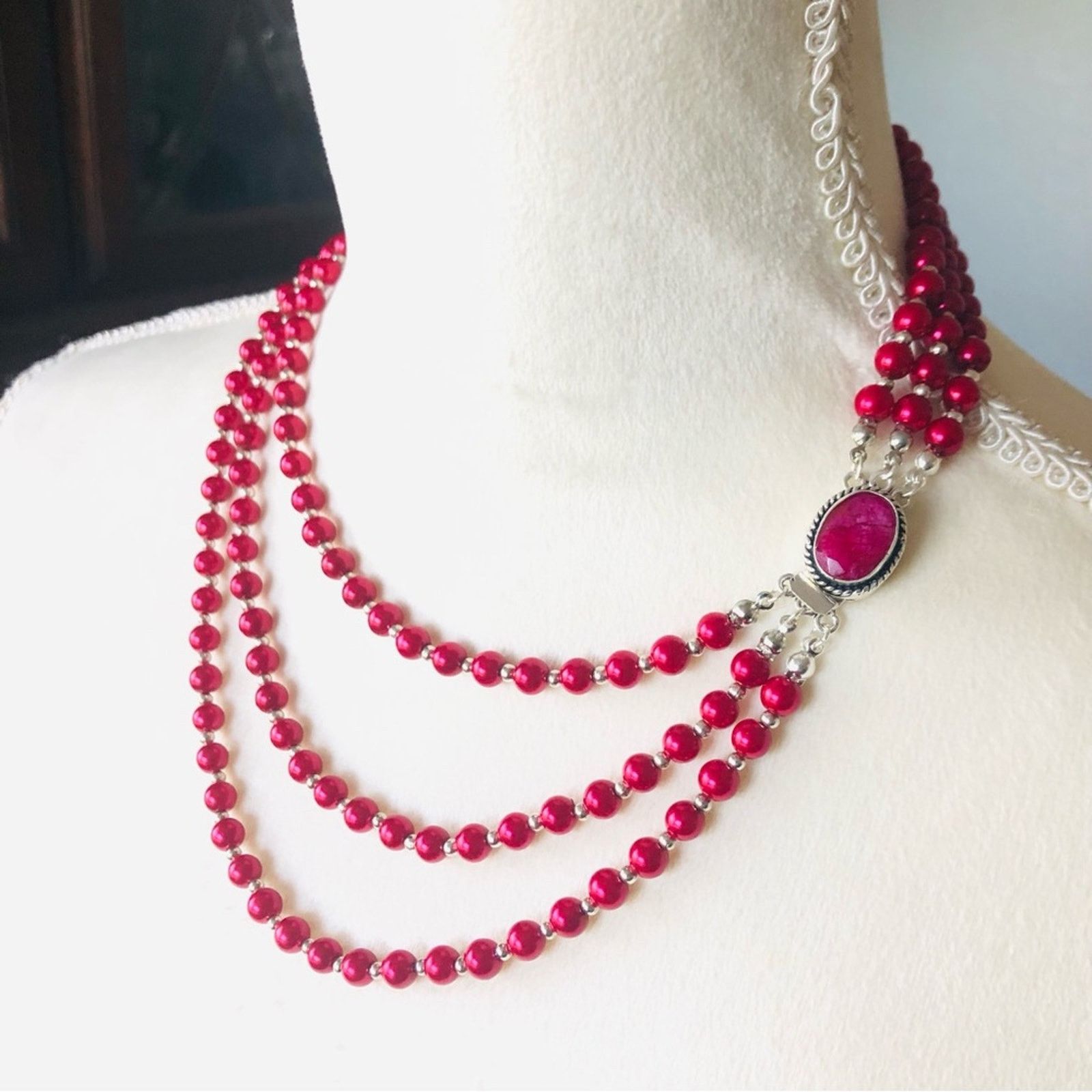 Handmade Handcrafted triple strand red Pearl genuine ruby cneckla Size ONE SIZE - 1 Thumbnail