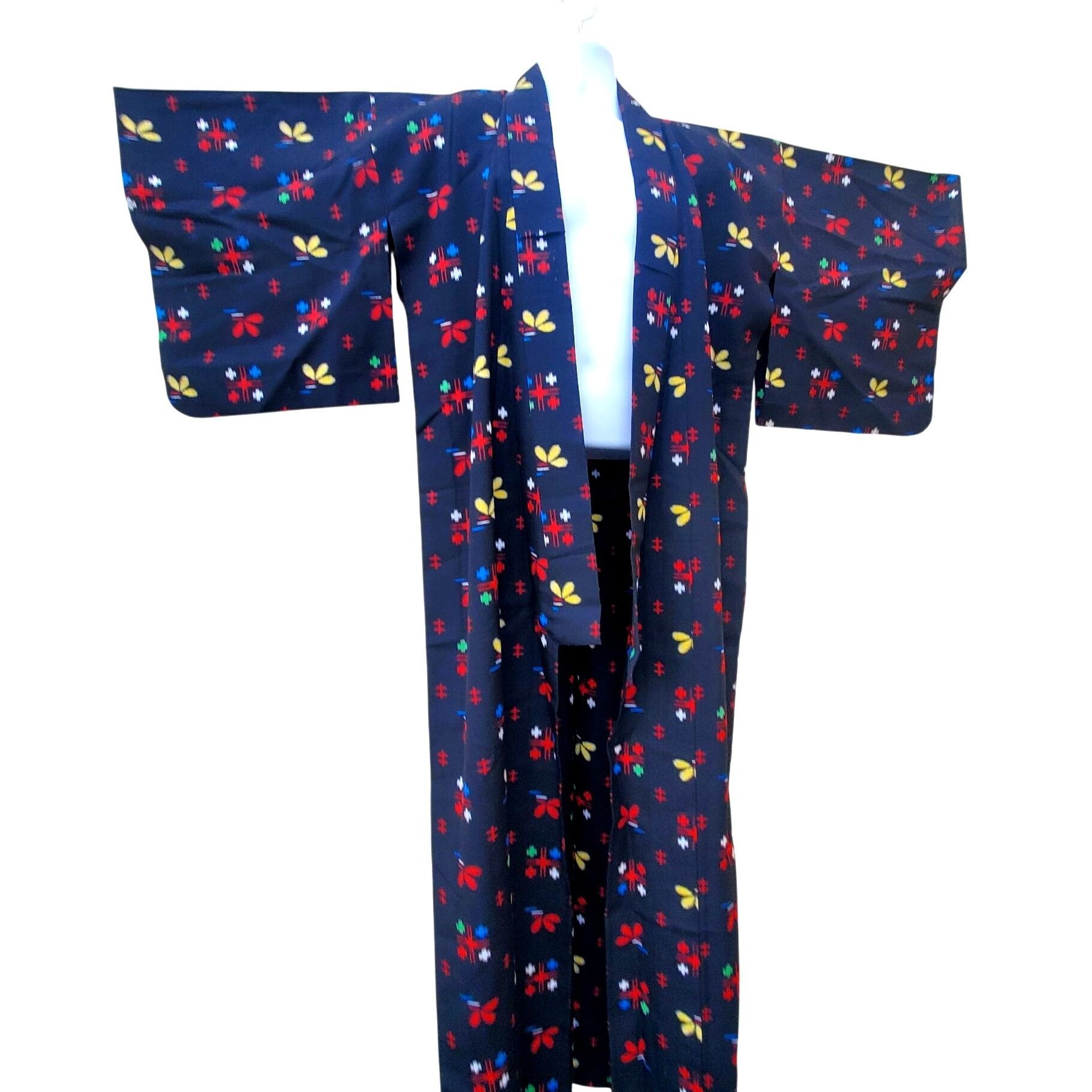Handmade Vintage Black Kimono Abstract Floral Wool Blend Hand Stitche Size M / US 6-8 / IT 42-44 - 2 Thumbnail