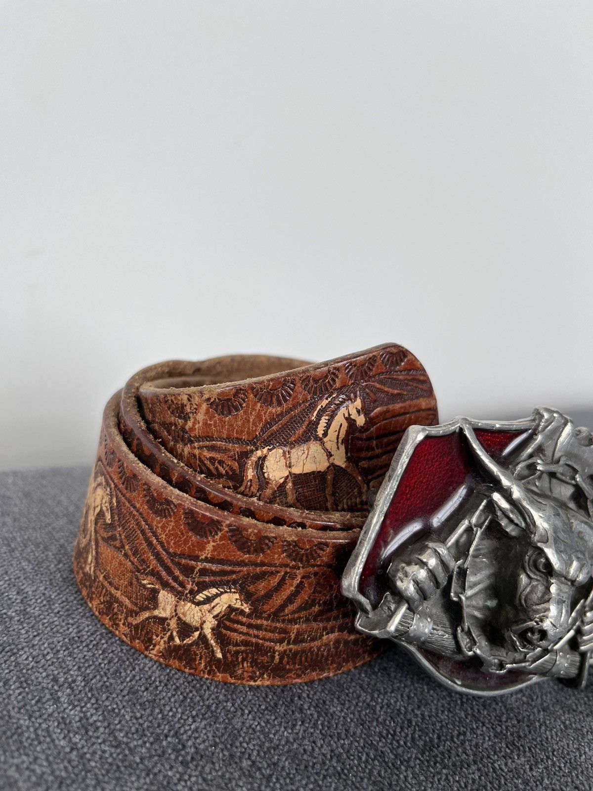 Cowboy Equipment × Vintage 1990 Transide Dragon Designs Minotaur Buckle Leather Belt Size ONE SIZE - 3 Thumbnail