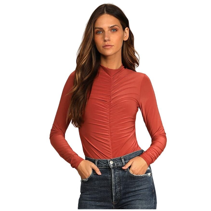 Other Lulus Ruche Around Orange Ruched Mock Neck Bodysuit Size XS Size XS / US 0-2 / IT 36-38 - 1 Thumbnail
