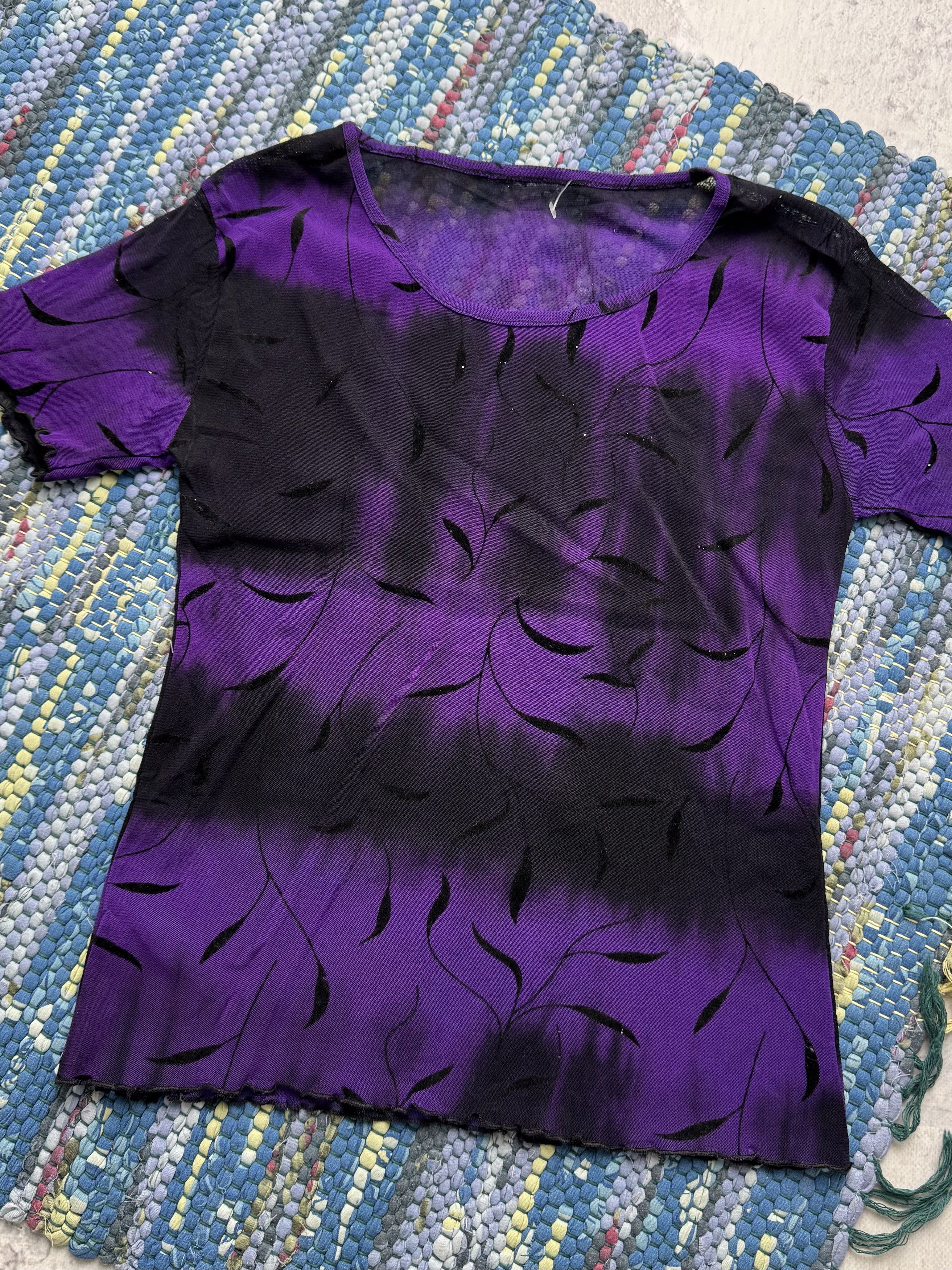 Vintage Vintage Purple Black Sheer Top Floral Mesh Short Sleeve Y2K Size S / US 4 / IT 40 - 2 Thumbnail